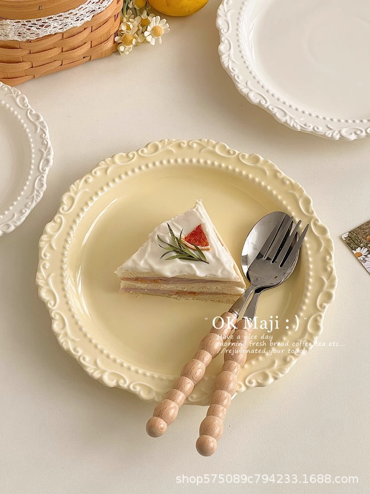 French retro straw hat plate, high-end and light luxury dinner plate, home ceramic vegetable plate, cream-style cake dessert plate pic 8