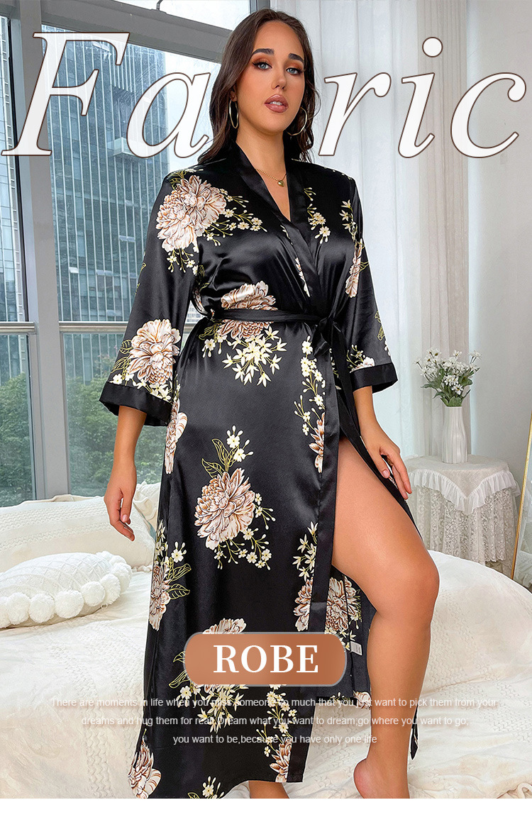 雅尼纺YANNI跨境加肥加大码睡衣女时尚休闲宽松印花睡衣女长款仿真丝性感睡裙 中东南美外贸出口批发详情1