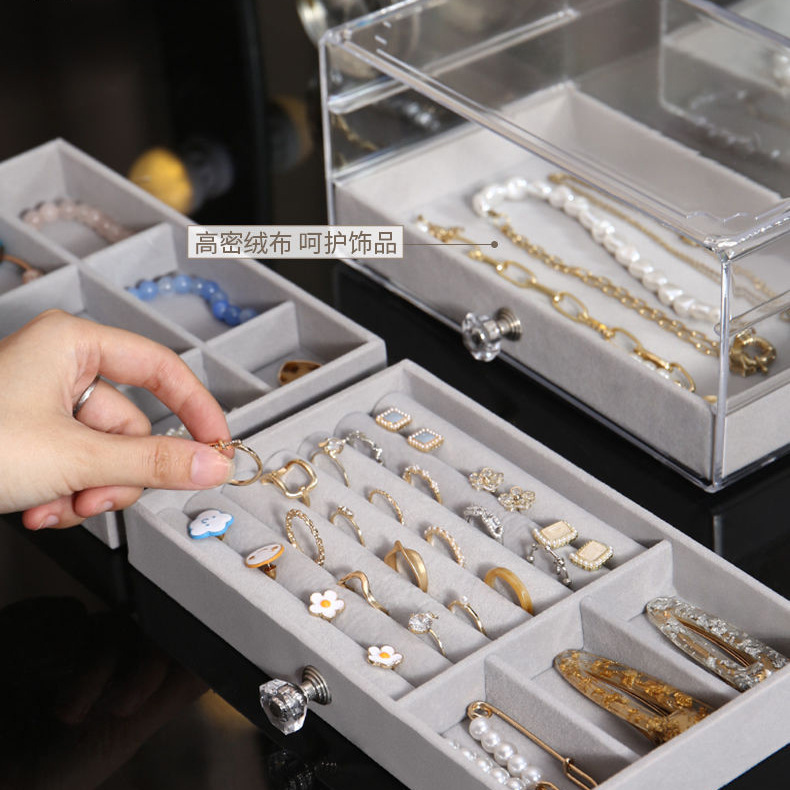 Three-layer jewelry storage box, transparent acrylic velvet checkered jewelry necklace, ring and bracelet storage and organization box pic 7