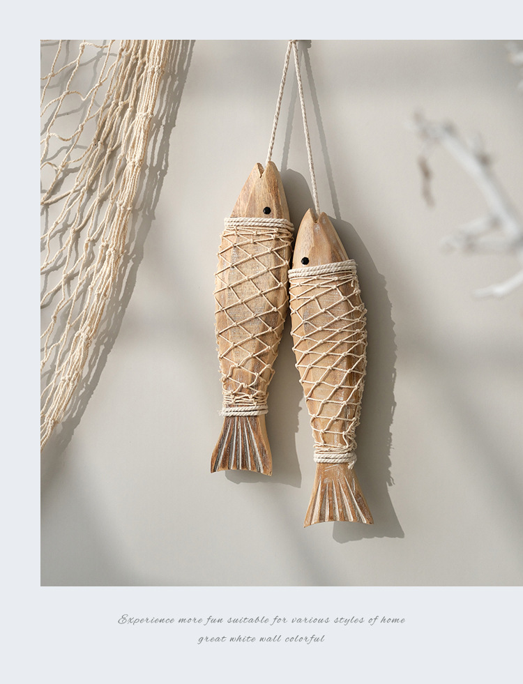 地中海创意复古做旧壁挂饰品乡村年年有鱼木质仿古雕刻小鱼串大号详情7
