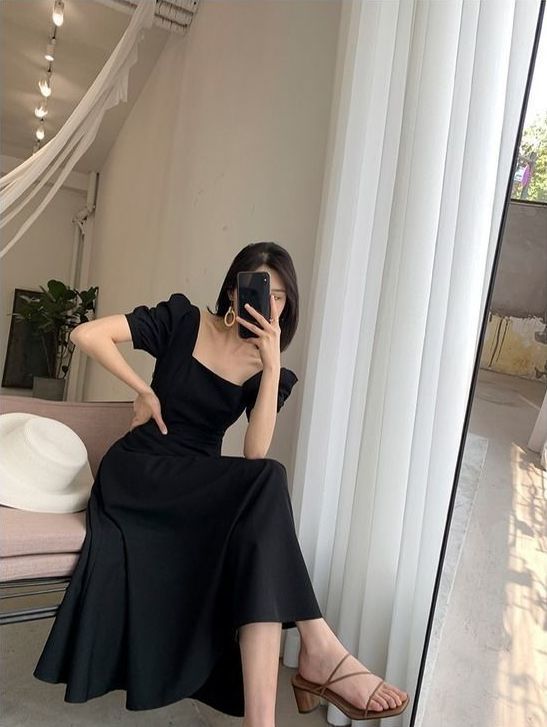 连衣裙2024夏新款ins茶歇裙气质一字领过膝长款赫本风胖mm小黑裙详情10