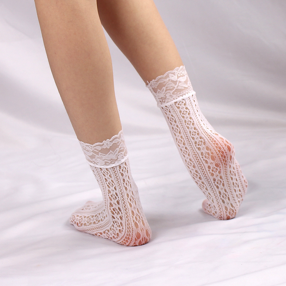 竖条纹小花短网袜 白色1