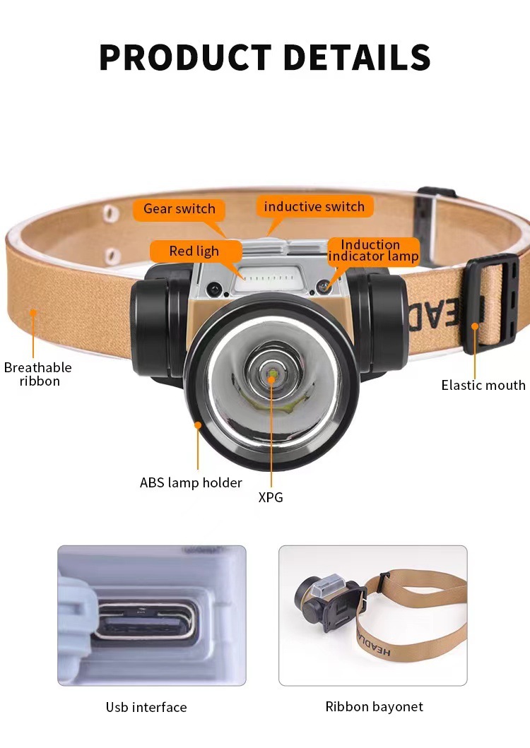 新款跨境XPG强光感应头灯 USB充电 LED 红光警示户外露营钓鱼头灯详情7