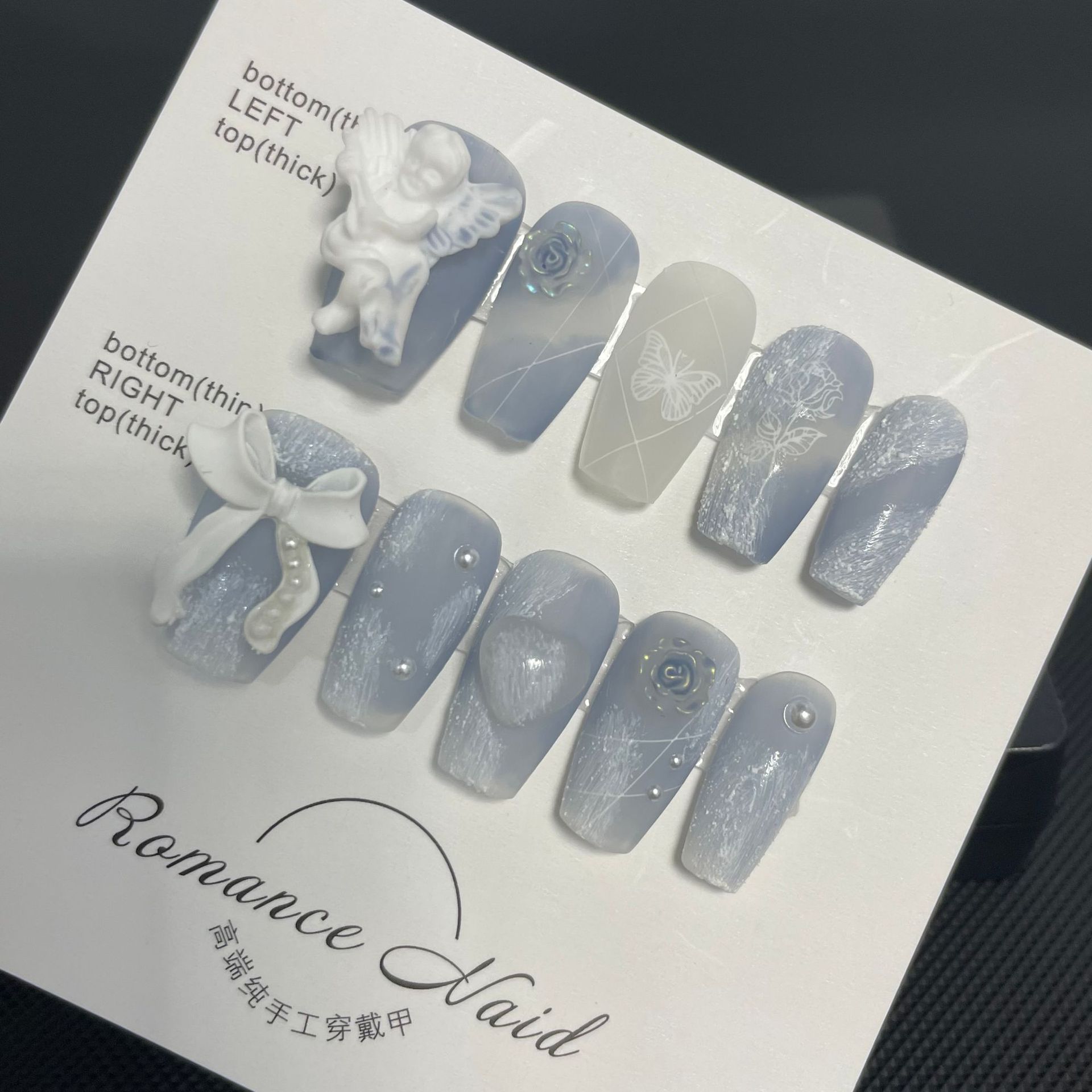 【 Pure Handcrafted Real Shot 】 Cold and misty misty blue gypsum angel rose handcrafted wearing armor false nail manicure pic 4