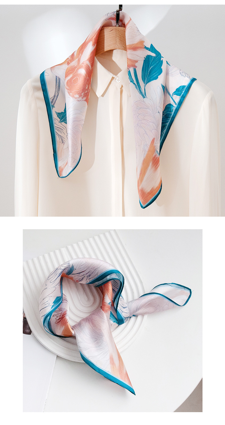 Spring and summer new travel sun protection versatile silk scarf, 100% silk small square scarf, floral printed silk scarf, neck-tying small square scarf pic 15