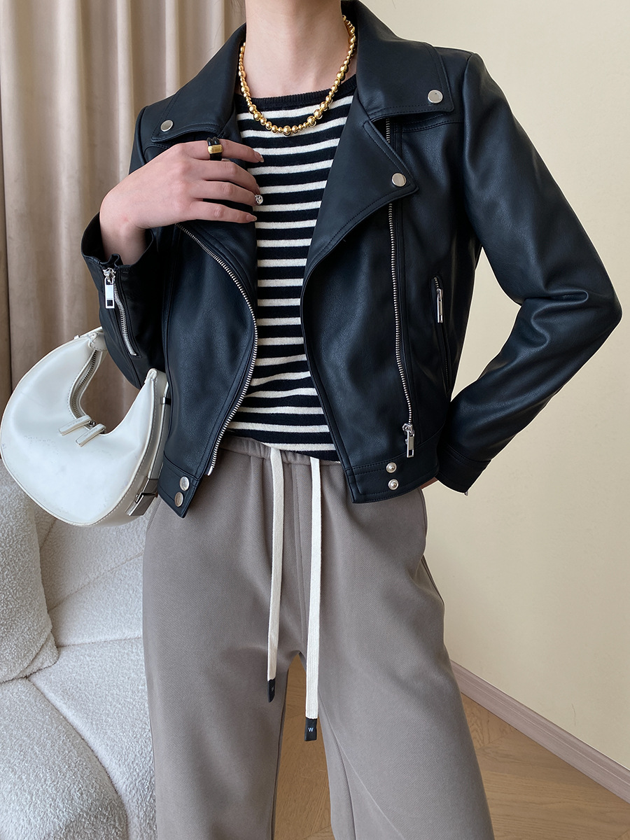 司南 时髦斜门襟拉链设计感 超模机车风皮衣夹克外套高级 SN4227详情36