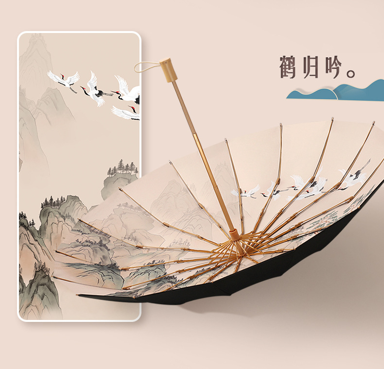 三折16骨手开晴雨伞复古潮流实木手柄遮阳伞黑胶防晒太阳伞可印字详情21