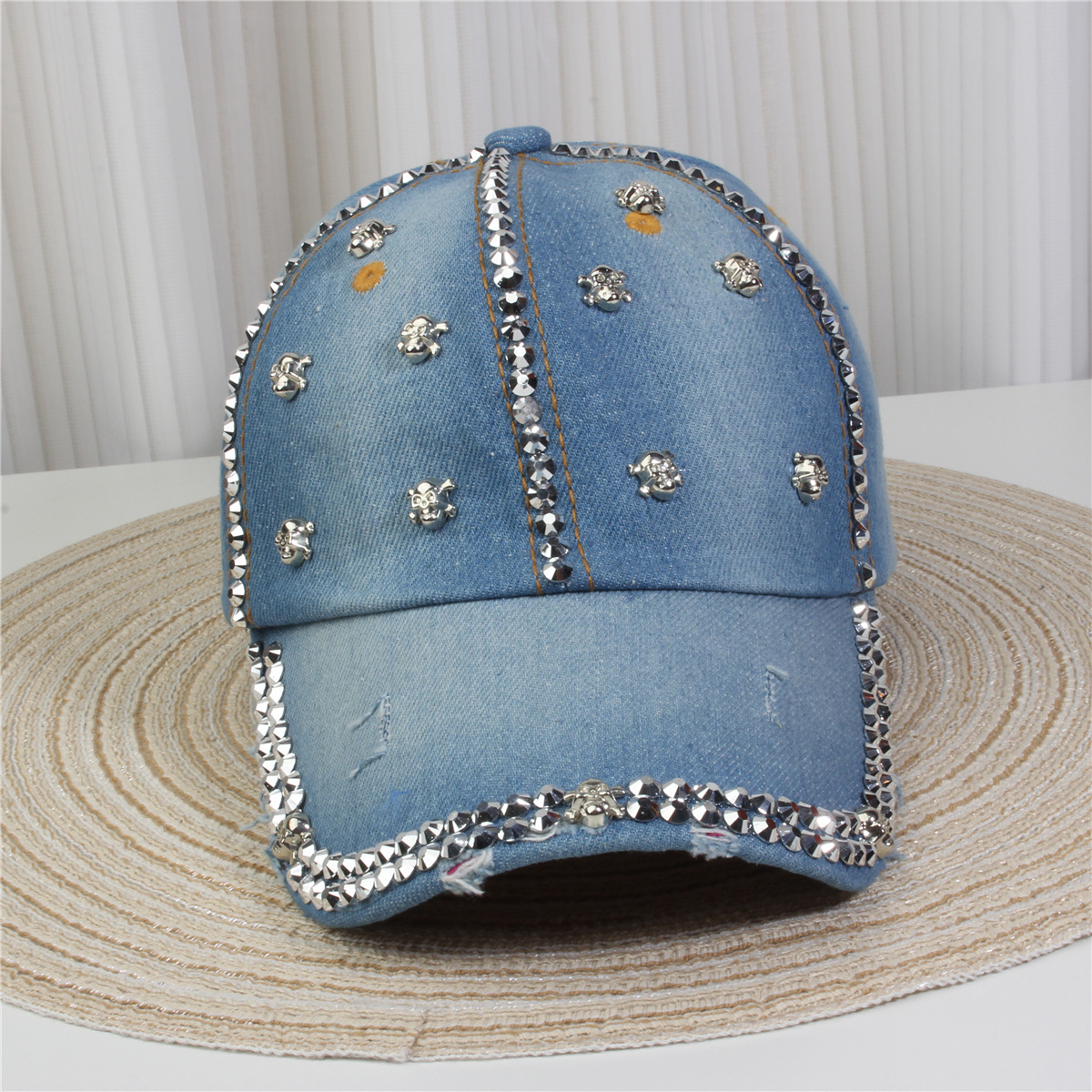 2024新款女士水钻镶钻牛仔布时尚洋气鸭舌帽休闲显脸小成人棒球帽详情5