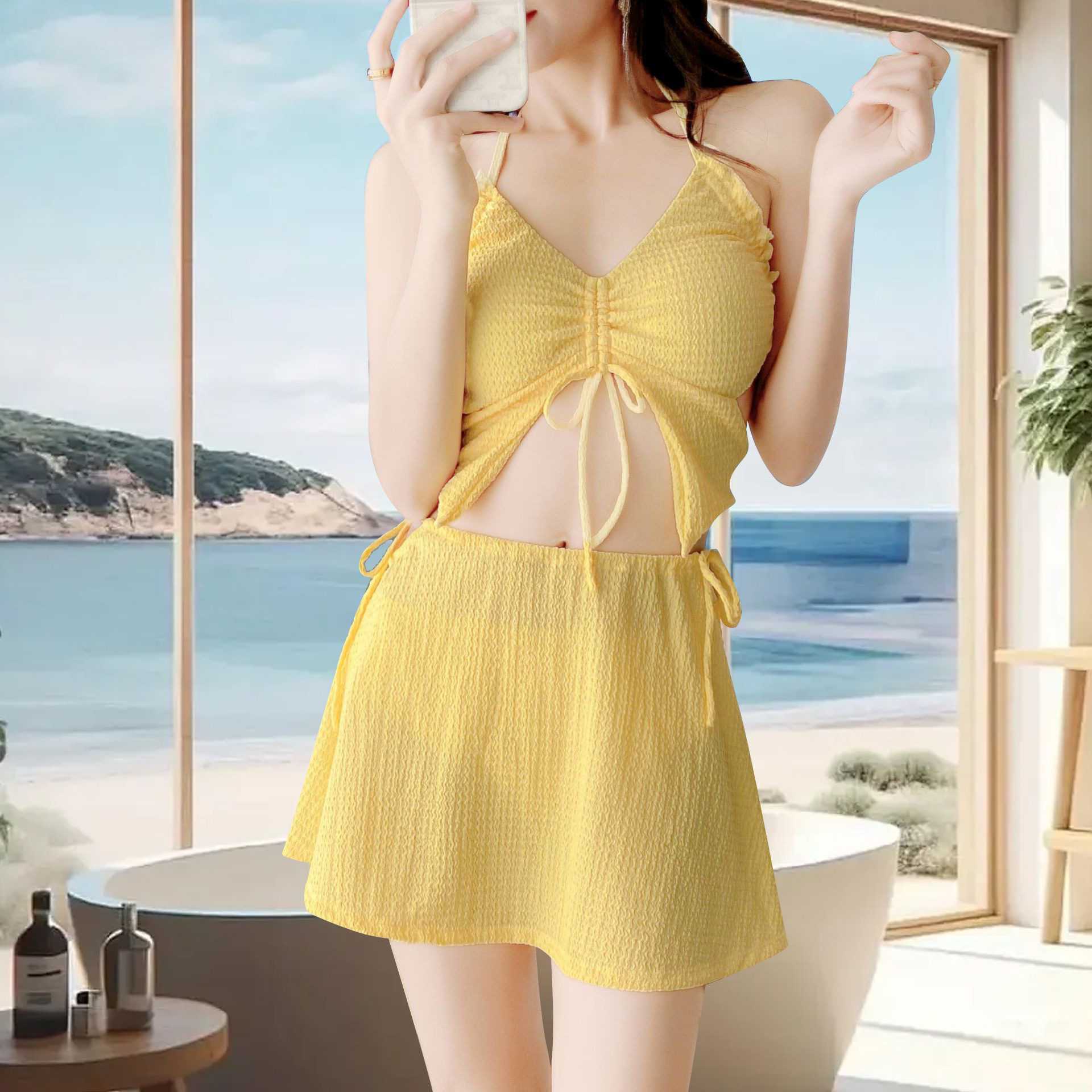 纯欲风分体裙式泳衣女绑带吊带小胸聚拢纯色度假泳池比基尼套装-107041 pic 4