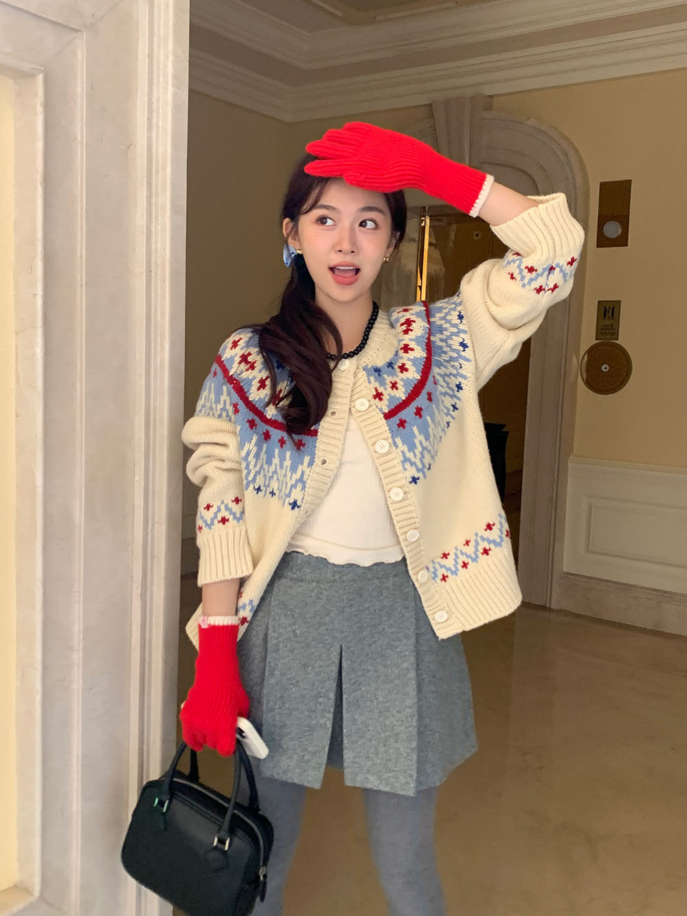 费尔岛复古美式少女撞色波普提花单排扣针织开衫厚实保暖毛衣外套详情70