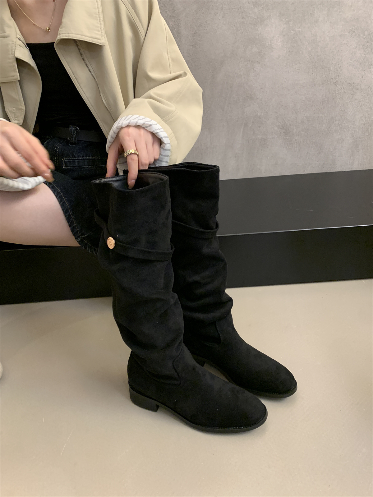 绒面瘦瘦靴卡其色堆堆骑士靴女2025新款秋冬季显瘦高筒粗跟长靴子详情14