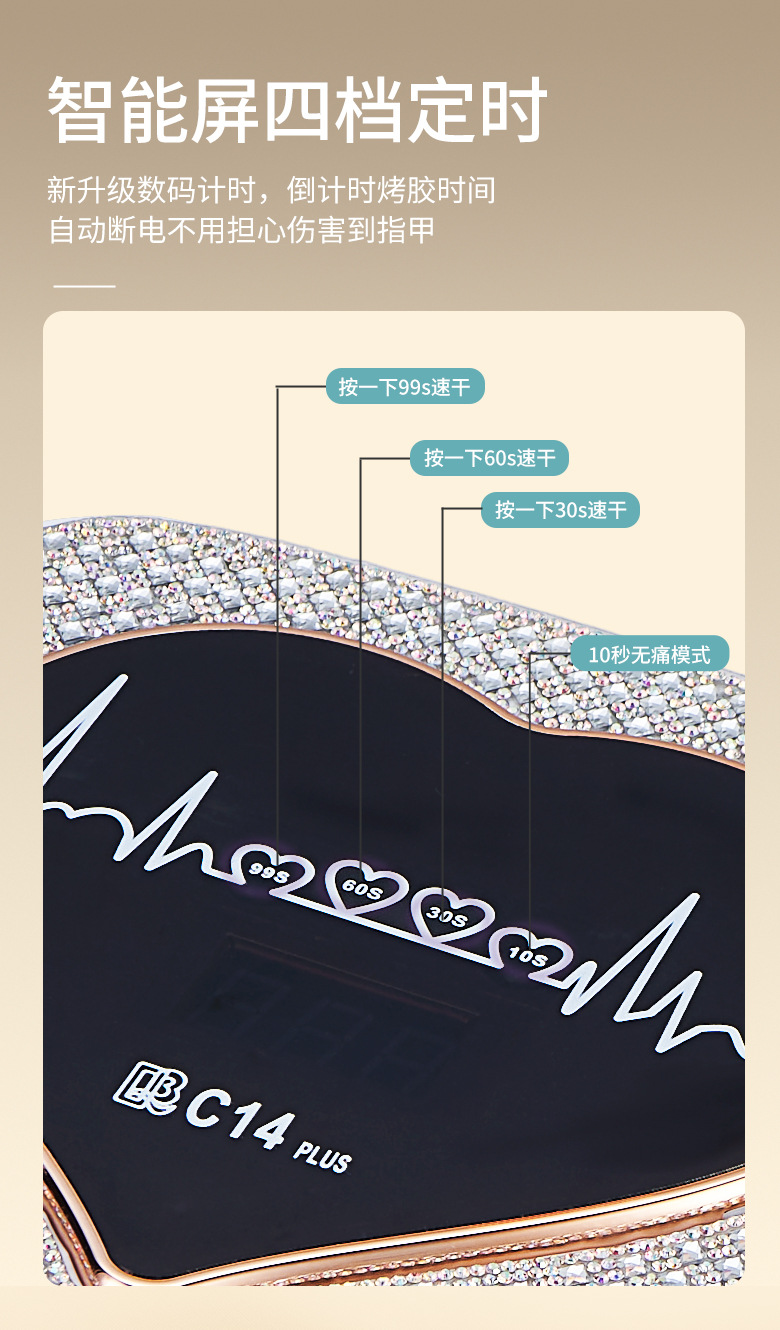方形美甲烤灯C14plus 智能感应心动钻石美甲灯大功率快干UV甲油胶详情2