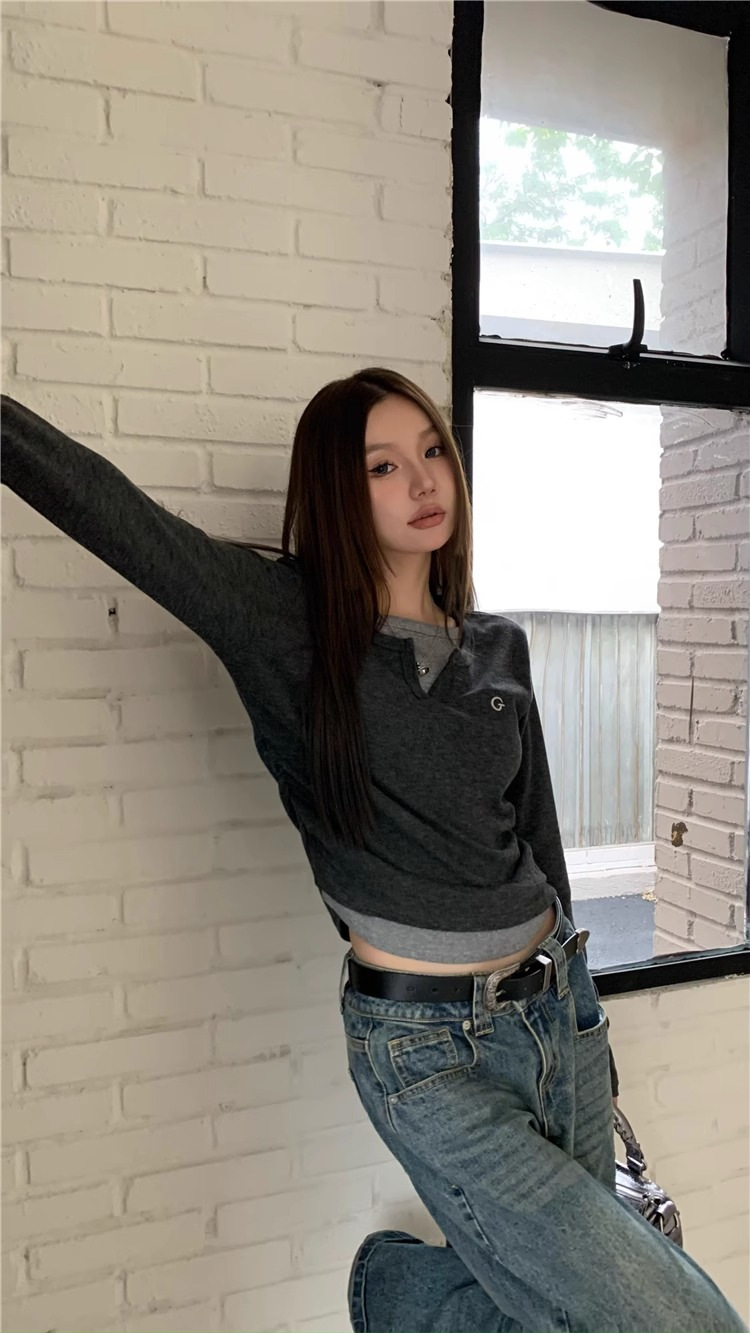 女士T恤假两件长袖T恤秋冬内搭修身显瘦打底上衣美式复古打底衫详情21
