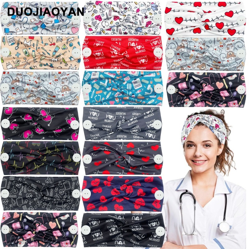 New European and American medical headband, anti-strangling button mask, headscarf, cross stretch printed wide tie headband, medical headscarf pic 3