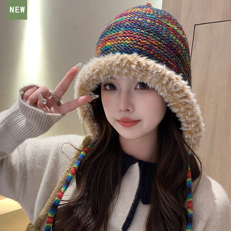 A cute rainbow gradient knitted hat for women in autumn and winter, warm, ear-protecting and face-enhancing small woolen headscarf pic 4