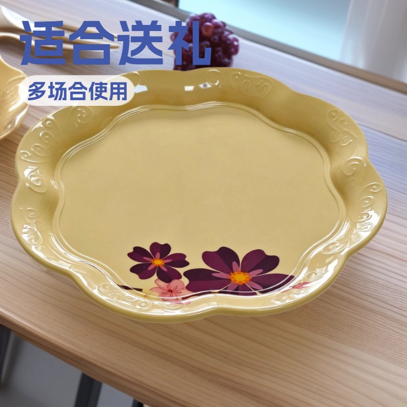 Commercial melamine yellow printed lace plate, scratch-resistant imitation porcelain, specially designed for hotel banquet display, plating and commemoration pic 2