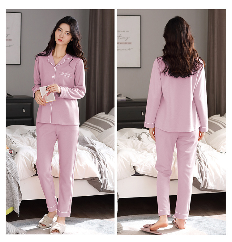 T春秋款睡衣套装纯色纯棉睡衣女士长袖开衫加大码加肥家居服外穿详情49