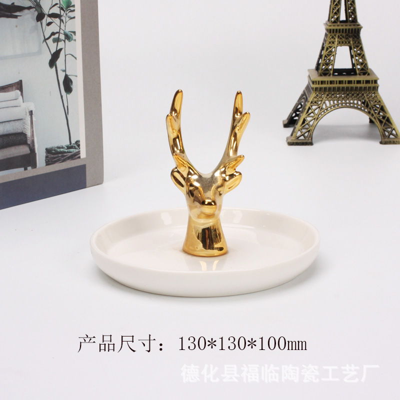 Nordic gold-plated ceramic handicrafts, gift jewelry plates, rings, watches, home storage plates, golden deer animal ornaments pic 43