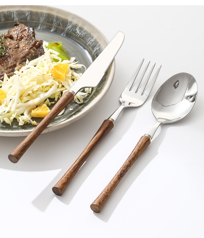 新款304不锈钢小蛮腰西餐牛排刀叉勺新中式实木手柄甜品勺子餐具详情17