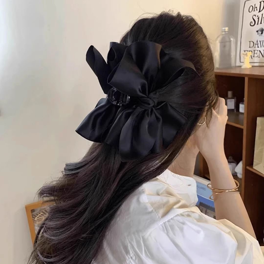法式超大号黑色缎面蝴蝶结抓夹感发夹女后脑勺鲨鱼夹夏季新款详情6