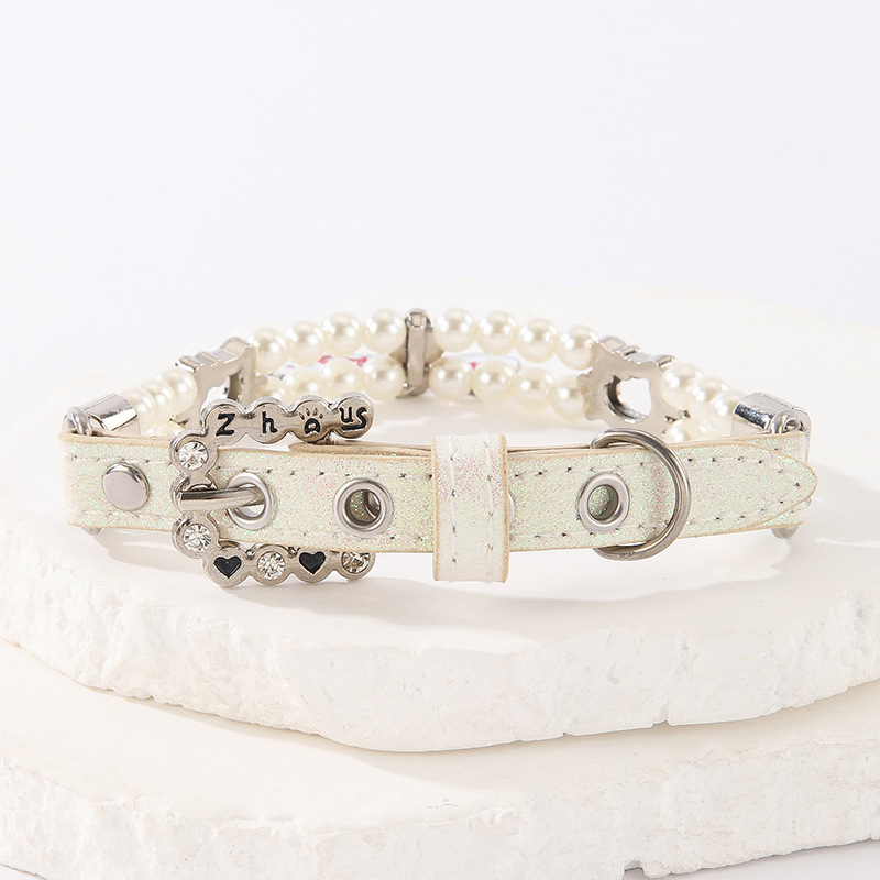 New pet beaded large bone pendant collar, small cat and dog simulation pearl water diamond cat head beaded cat chain necklaces pic 8