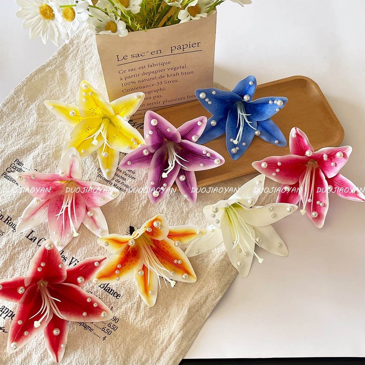 New cross-border lily pearl hairpin with a high-end atmosphere, beaded hair accessory, Hawaiian vacation style duckbill hairpin for women pic 8