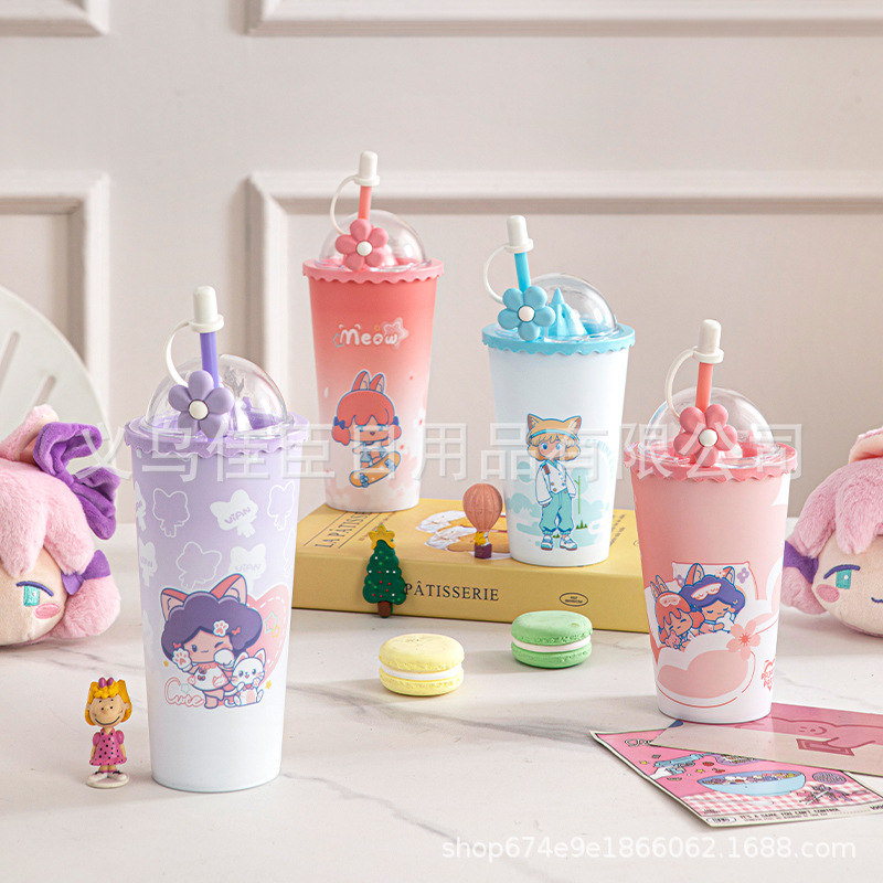 新款哑光渐变犬系少女吸管杯学生高颜值可爱童趣饮料果汁杯防尘帽详情3