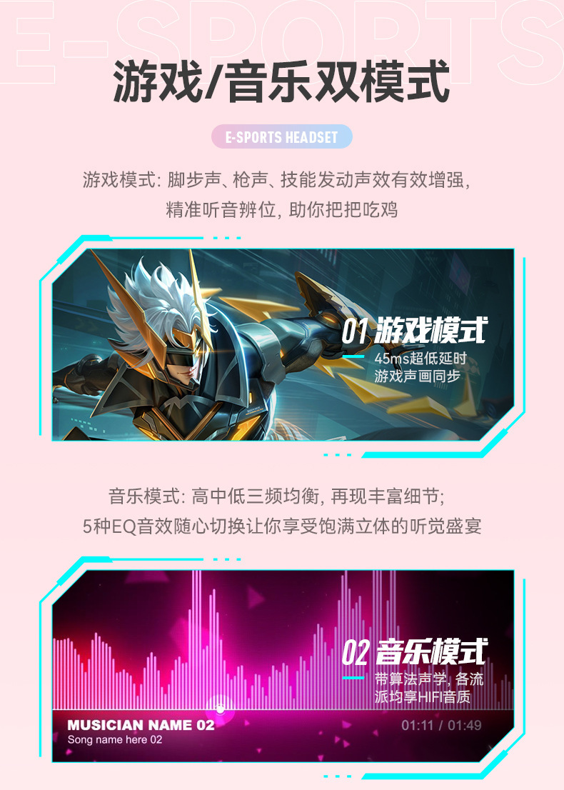 Live streaming game Bluetooth headphones, girl e-sports mobile headsets, head-mounted wireless headphones with microphone, popular in Huaqiangbei pic 9