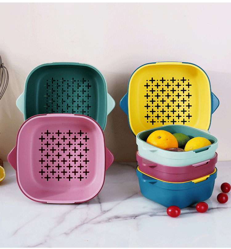 Household kitchen multi-purpose draining basket, vegetable basin, Nordic style double-layer plastic fruit washing plate, square bowl and chopstick storage basket pic 16