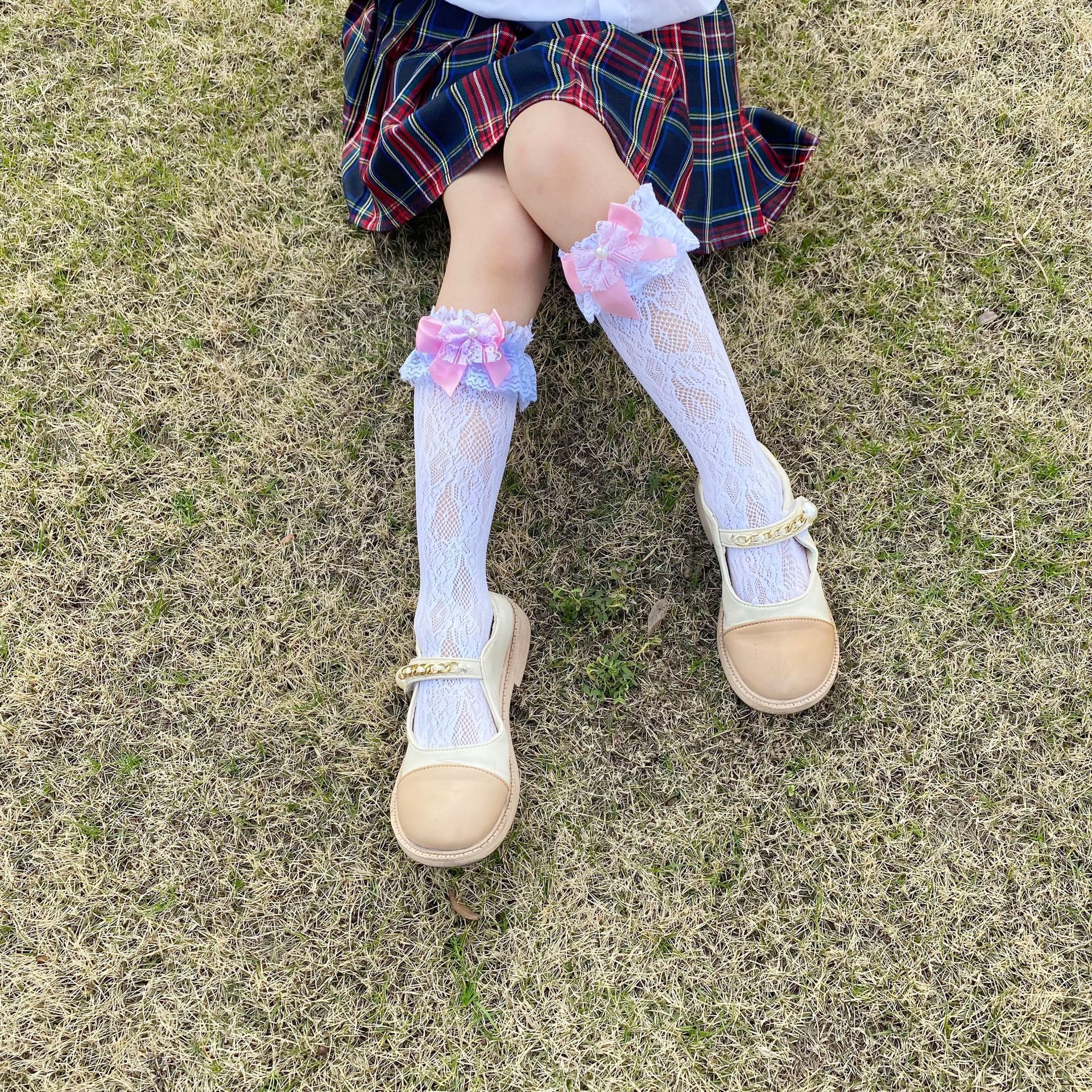 洛丽塔蕾丝花边公主袜女童短袜子薄款红色蝴蝶结女孩长筒袜小腿袜详情1