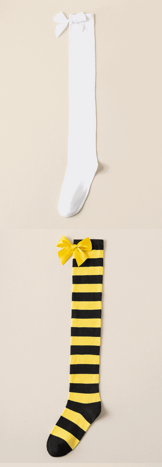 New European and American Halloween and Christmas knee-high socks, single-color striped thigh-high socks with bows, available in multiple colors pic 18