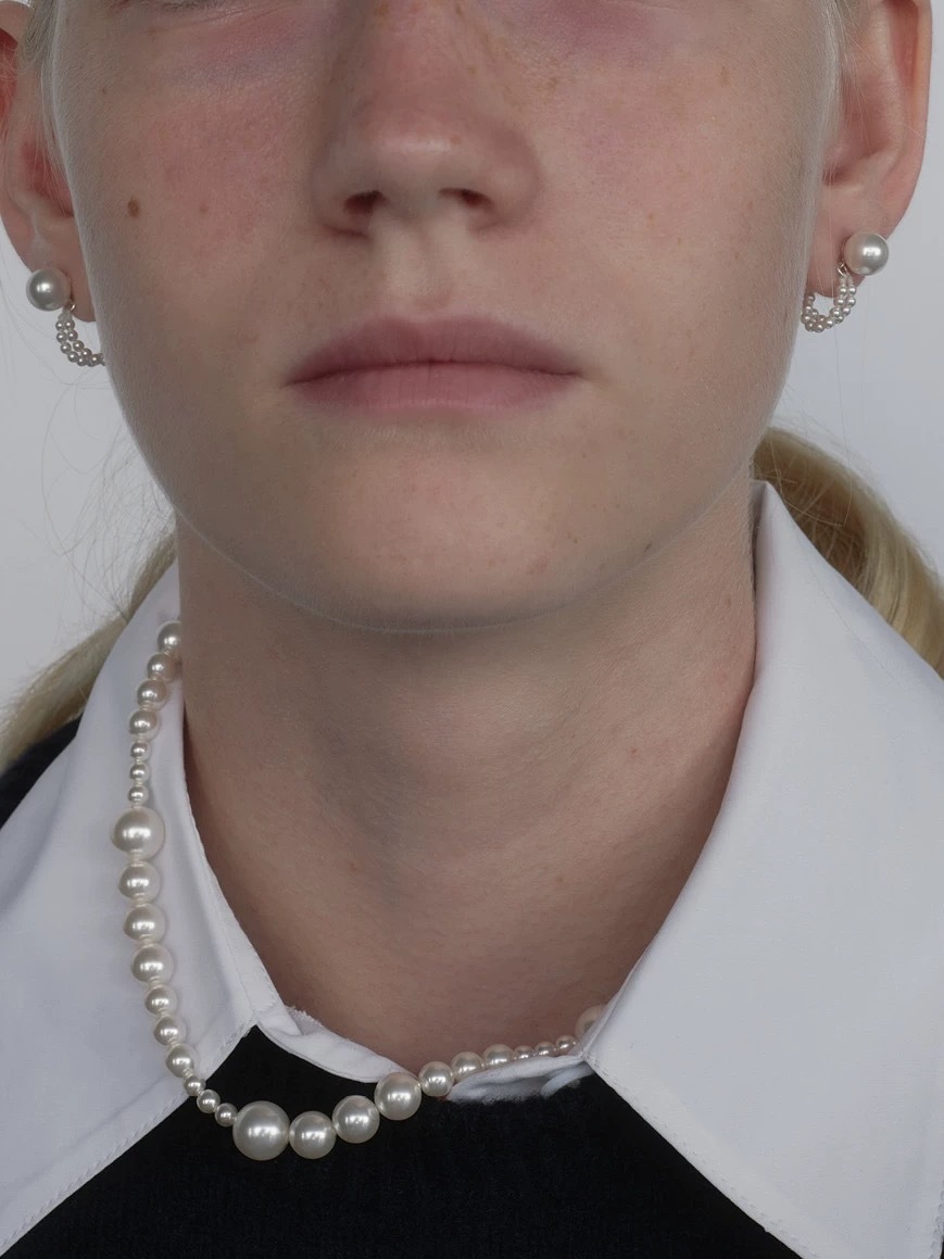 施家正圆珍珠耳钉链条小众时髦百搭气质通勤简约通体s925纯银耳饰详情4