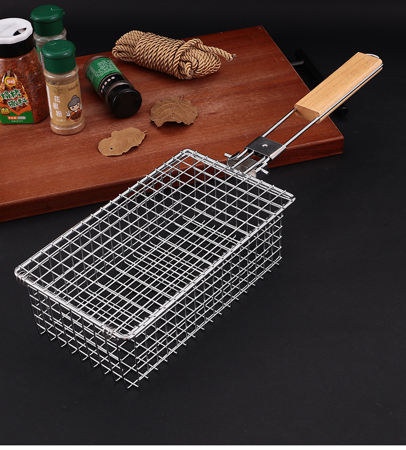 厂家直发可折叠炸篮木柄烧烤网户外烧烤夹烤鱼烤肉蔬菜便携详情10