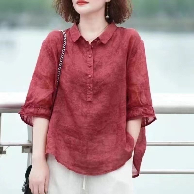 中老年女装绵绸套装妈妈款洋气2024春夏装新款中年女士衬衫两件套详情11