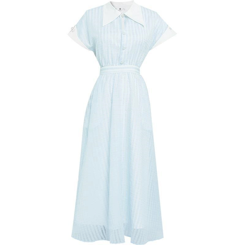 This is a mid-length dress with a patchwork shirt, collared check pattern, covered sleeves and a cinched waist for the summer of 2023. It is a versatile and stylish dress for commuting pic 5