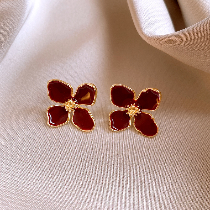 银针美拉德风咖色滴油四瓣花朵耳钉女气质耳环复古高级感耳饰批发详情12