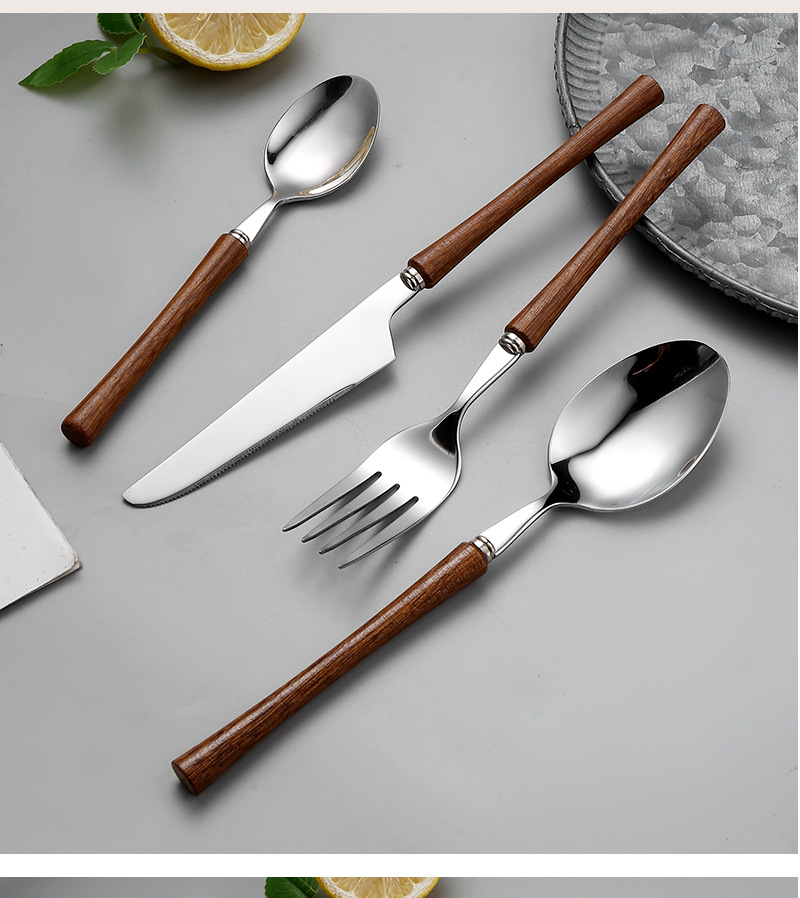 创意304不锈钢西餐刀叉勺四件套日式鸡翅木意面刀叉勺筷子西餐具详情13