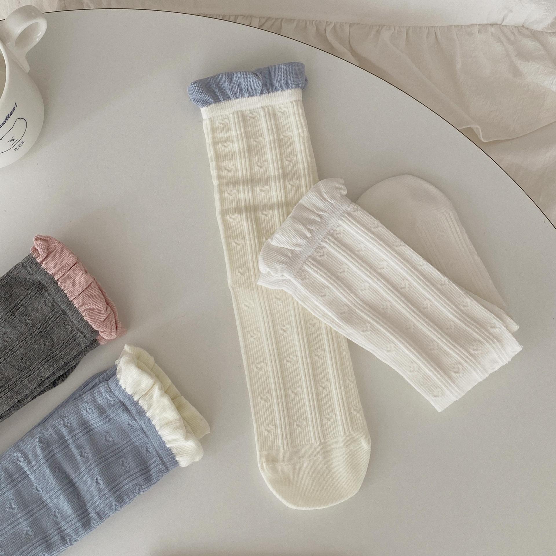 Autumn and winter new straight socks, Japanese-style color-blocking pure cotton lace mid-calf socks, Korean-style MIU-style boneless pile socks for women pic 10