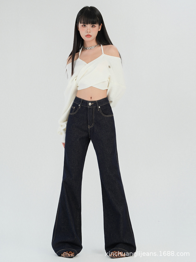 新塘牛仔之都美式丹宁蓝复古阔腿牛仔裤宽松显瘦不贴腿喇叭详情6
