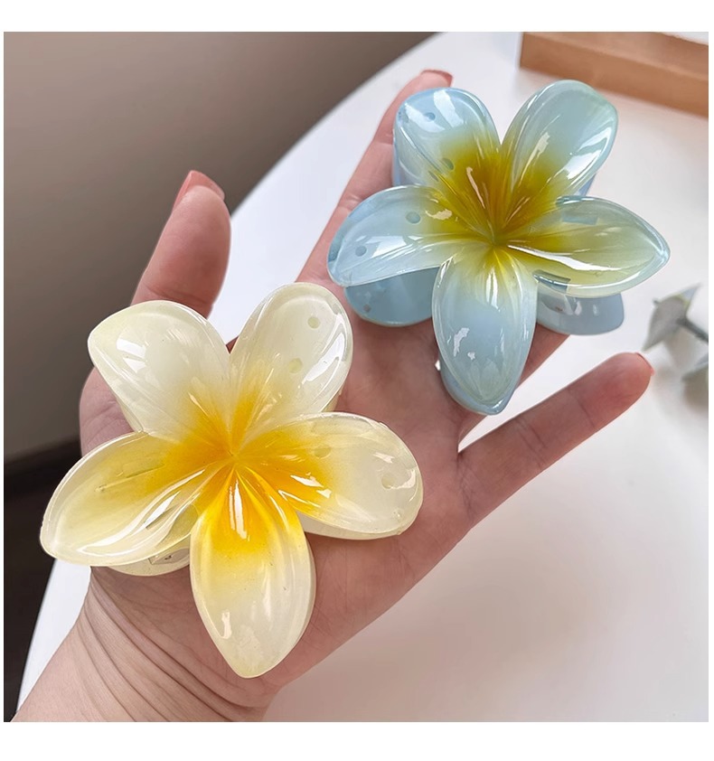 欧美跨境彩色鸡蛋花发夹花朵抓夹复古女士侧抓半抓后脑勺鲨鱼夹详情3