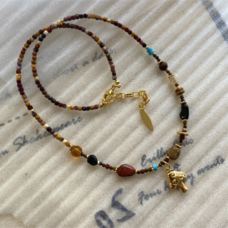 春夏新款日出蘑菇天然石彩色串珠项链小众设计叠戴复古毛衣锁骨链详情5