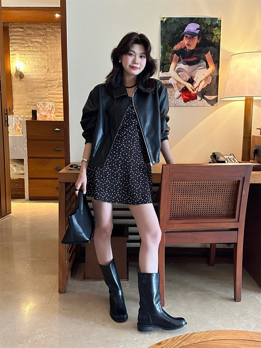 THE LIMON柠檬绿茶韩版复古翻领拉链黑色PU皮衣女高级感短外套春详情9