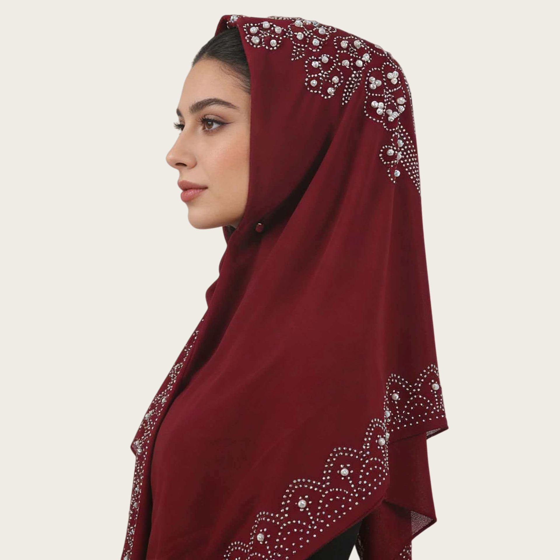 M145厂家烫钻妇女头巾民族风盖头珍珠雪纺围巾流行纱巾素色单色详情11