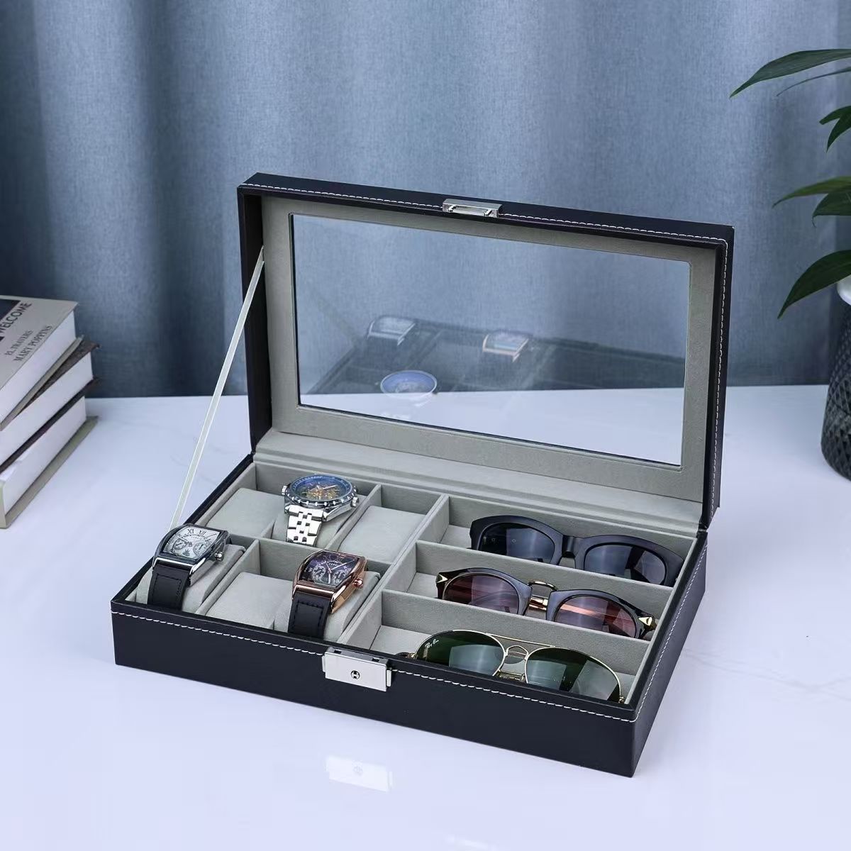 Watch and glasses integrated storage box, pu leather, simple, exquisite and elegant, multi-functional jewelry organization and display box pic 6