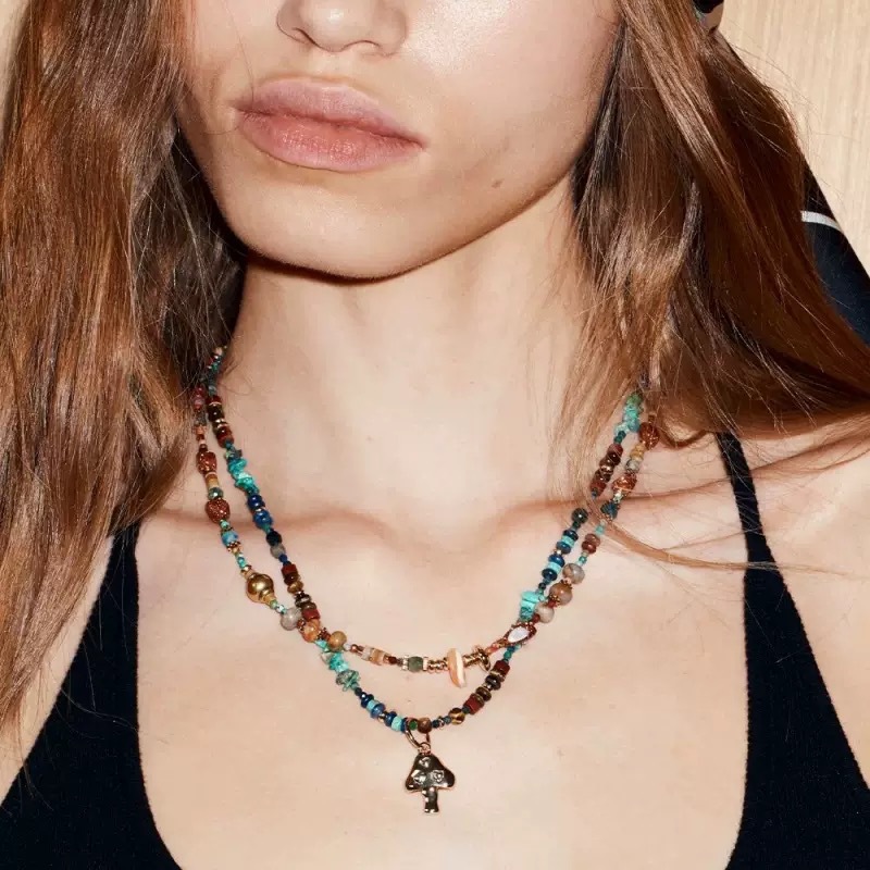 春夏新款日出蘑菇天然石彩色串珠项链小众设计叠戴复古毛衣锁骨链详情2
