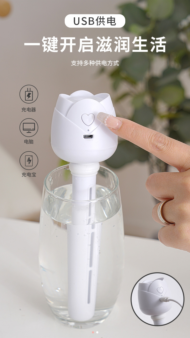 创意玫瑰花加湿器迷你USB桌面补水喷雾器便携矿泉水瓶车载雾化器详情8