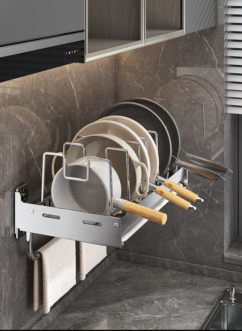 Factory wholesale stainless steel kitchen storage rack, wall-mounted adjustable telescopic pot rack without drilling, cookware storage rack pic 24