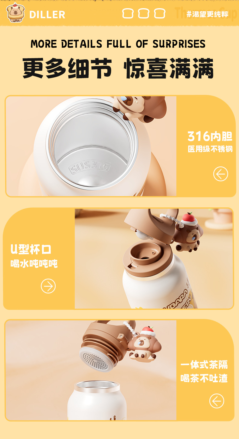 迪乐贝尔卡皮巴拉水杯学生儿童上学专用吸管杯大容量便携直身杯详情11