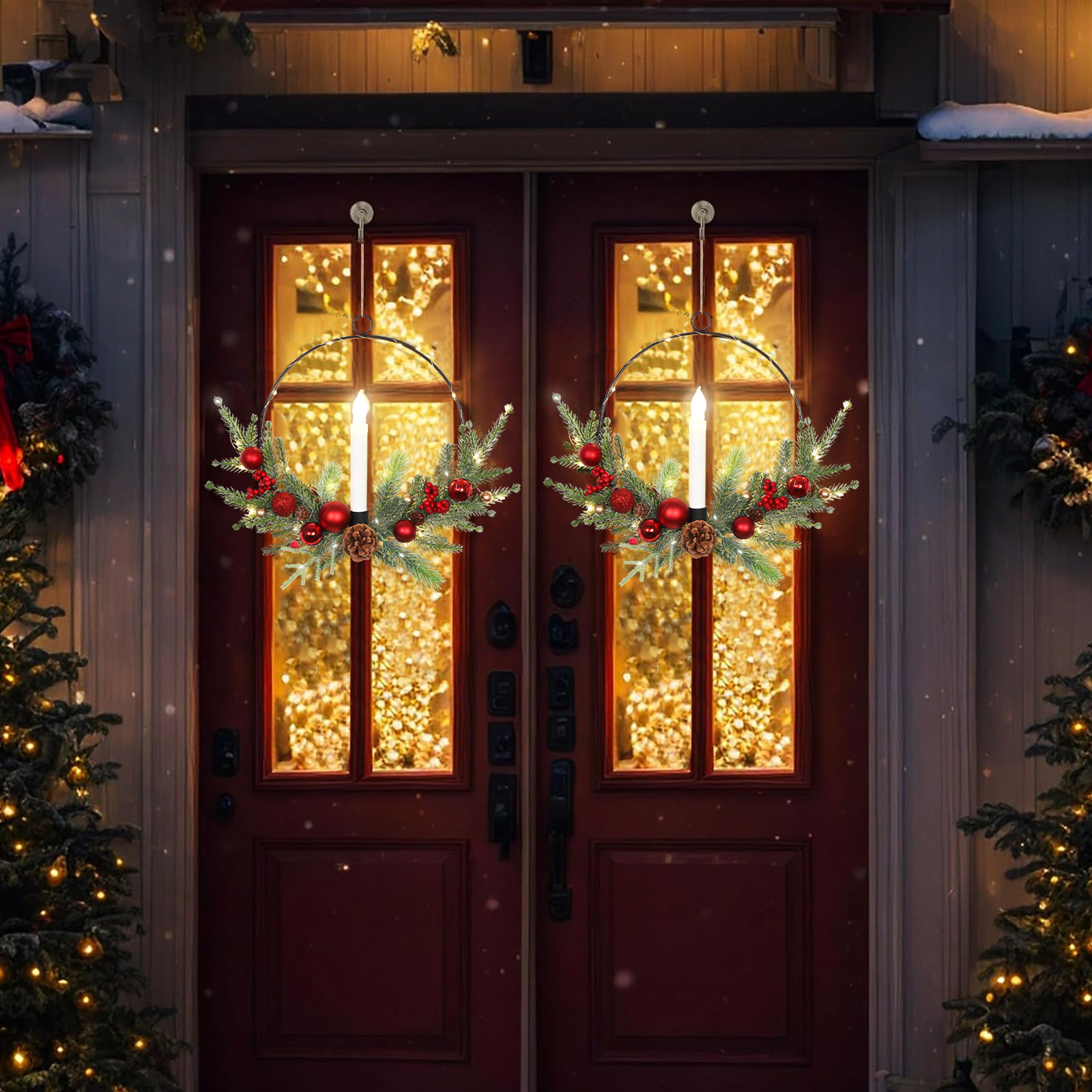 跨境圣诞节烛台花环仿真松针带松果门挂墙饰家居节庆气氛布置壁挂详情5