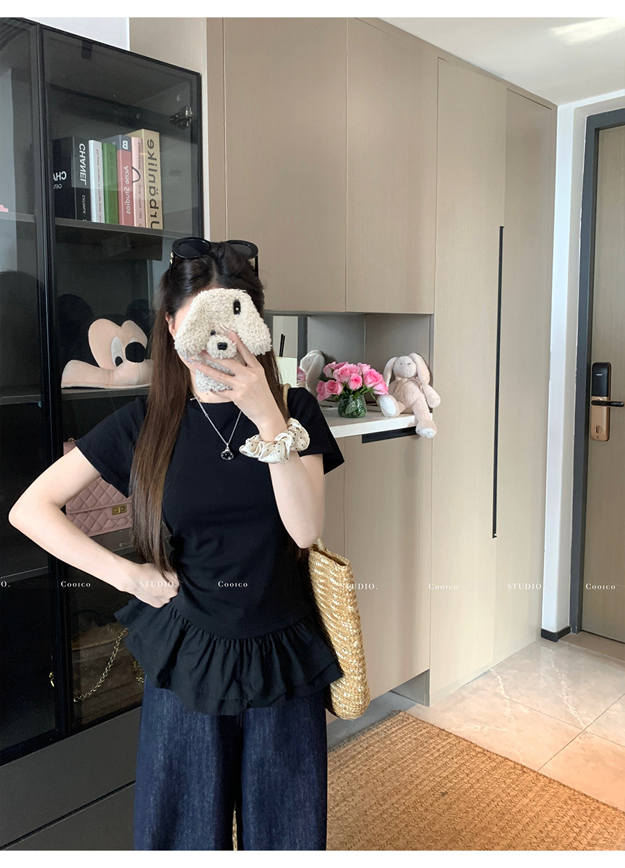 法式荷叶花边下摆拼接白色短袖t恤女夏季设计感修身正肩小衫上衣详情11